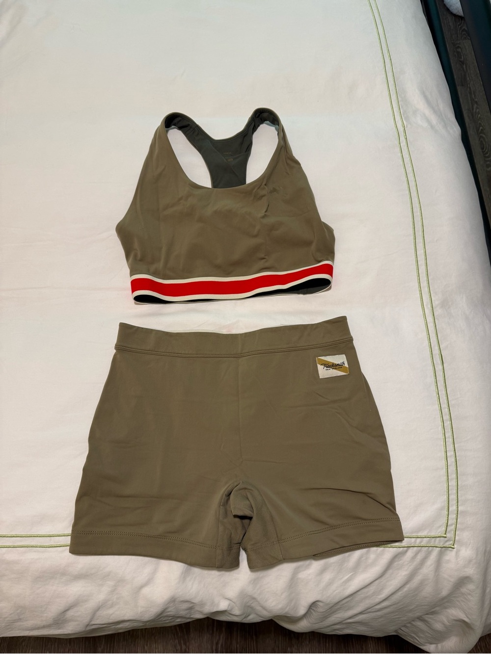 Tracksmith Olive Green Athletic Shorts Set with Red & Black Stripe